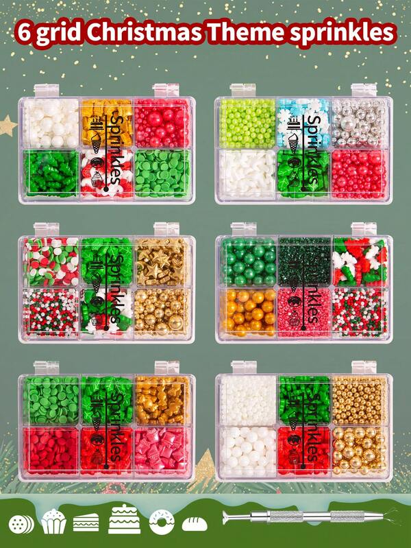 Decoración de pasteles con chispas con tema navideño, caja de empaque de 6 compartimentos con clips, decoración para pasteles navideños, helados, donas y otros postres. Solo para decoración, no comestible