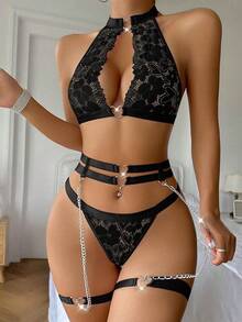 Halter Heart Ring Cutout Chain Floral Lace Sheer Garter Belt Lingerie Set 3 Piece - 黑色 - 查看 3