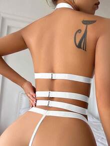 Halter Heart Ring Cutout Chain Floral Lace Sheer Garter Belt Lingerie Set 3 Piece - 白色 - 查看 2