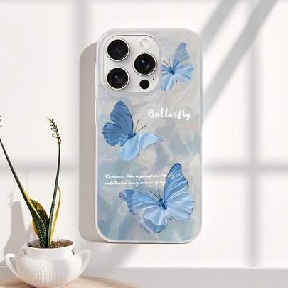 1pc Cute Gradient Blue Butterfly Transparent Asymmetrical Wave IMD Shockproof Soft Silicone Phone Case, Suitable For Android/OPPO/VIVO/Honor/Redmi/Transsion/ Phones