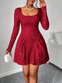 AIJ Amarilo 女士性感时尚方领亮片露背伞形长袖摆裙，适合约会、派对 - 深紅色 - 查看 7