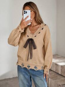 女式 V 领蝴蝶结系带做旧设计长袖套头衫，百搭秋冬装