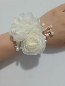 1pc Women's Wrist Flower, Olive Green Camellia Paired With Beige Rose Decor, Elegant Floral Bracelet With Beads For Bride, Bridesmaid, Wedding, Party, Daily Wear Valentine's Day Accessories - Beige - View 5