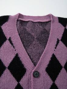 ANDREILEE 秋冬新款男士休闲宽松纯色棋盘格英文字母复古浪漫街头风V领纽扣罗纹针织长袖开衫 - 紫色 - 查看 4