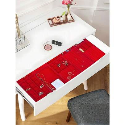 9/1 件天鹅绒首饰收纳盒、首饰展示托盘、首饰盘、化妆品收纳托盘、多格首饰托盘、首饰收纳盒、首饰展示托盘、首饰盒、梳妆台托盘、多格项链收纳托盘、勃艮第酒红色简易隔层首饰展示架，适用于各种配饰：项链、戒指、耳环、耳环、项链、手链、手镯、发带、头带、发夹、发夹、腰链、腿链、情人节礼物、家居收纳