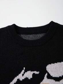 男士宽松休闲纯色针织毛衣，饰有动漫少女眼睛印花，街头风长袖圆领套头衫，适合秋冬季穿着 - 黑色 - 查看 4