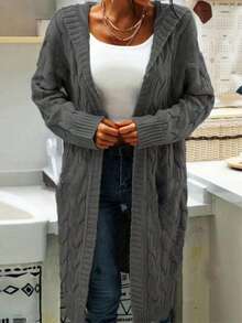 Plus Size Hooded Midi Cardigan With Cable Knit And Rib Knit Long Sleeves Open Front Non-Stretch Knitwear