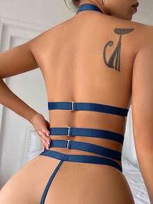 Halter Heart Ring Cutout Chain Floral Lace Sheer Garter Belt Lingerie Set 3 Piece - Navy Blue - View 2