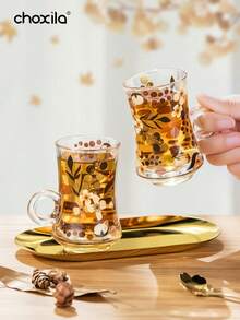 choxila 3件套茶杯碟套装，花叶图案玻璃盘碟套装，咖啡杯，茶杯，水杯，奶茶杯，带把手杯，金色托盘，小吃托盘，甜点托盘，适用于家庭、餐厅、斋月、宰牲节 - Cup - 查看 2