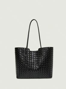 1 Solid-Color Woven Embossed Women's Shoulder Bag Premium-Feel Large Tote Bag, Lightweight Yet Spacious For Commuting. Multi-Compartment Design For Easy Organization. Suitable For Women, College Students, Office Professionals, And Career Women For Daily Commuting, Shopping, Outings, Gatherings, Work, And Leisure. - Black - View 10