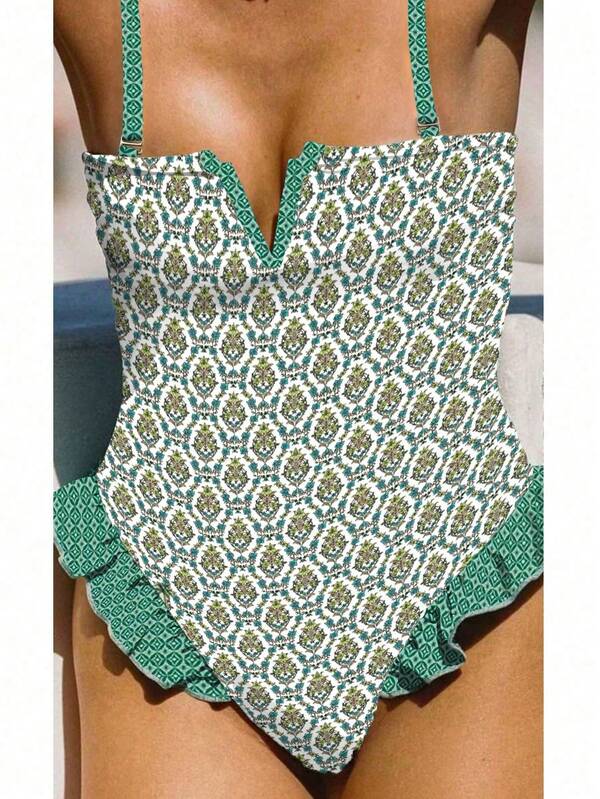 Seksowny jednoczęściowy kostium kąpielowy dla kobiet z losowym nadrukiem i głębokim dekoltem w serek, letni