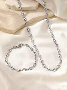 1pc Men Stainless Steel Simple Coffee Bean Pendant Necklace And Bracelet Set, Fashionable Daily Outfit - Silver - View 5