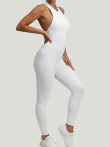 Women Tight Zipper Front Jumpsuit With Backless & Peach Butt Designs, Yoga & Fitness - White - View 5