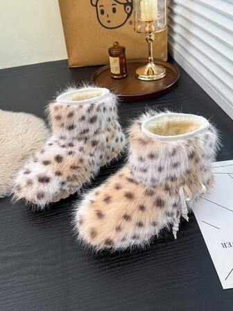 女士纯色Y2K风格人造毛皮雪地靴，串珠毛绒靴，适合居家、派对、秋冬季穿着，也可作为圣诞礼物