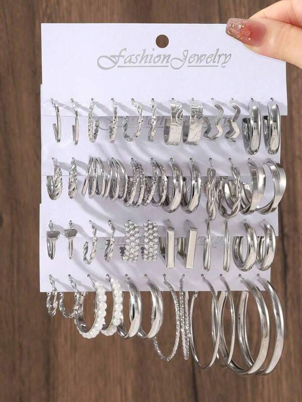 48/24/12 pièces Set de boucles d'oreilles femme style géométrique punk à la mode, boucles d'oreilles en forme de C exagérées avec faux perles, convient pour le port quotidien, les sorties, les vacances, les cadeaux