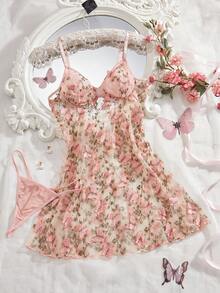 Women Sexy Lingerie Embroidery Butterfly Babydoll Sheer Mesh Nightgown Chemise Boudoir Nighty Sleepwear With Thong - 粉色 - 查看 1