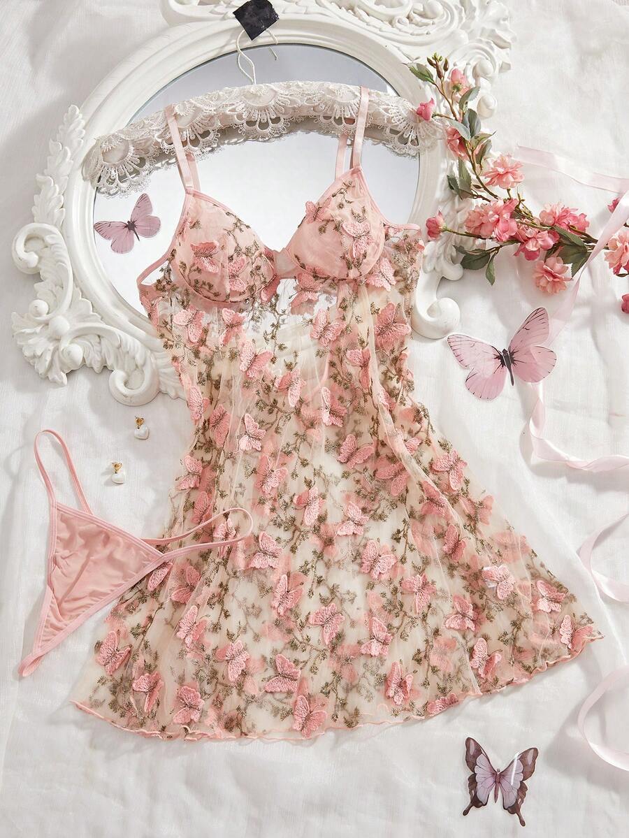 Women Sexy Lingerie Embroidery Butterfly Babydoll Sheer Mesh Nightgown Chemise Boudoir Nighty Sleepwear With Thong - 粉色 - 查看 1