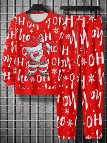 男士趣味圣诞老人印花落肩圆领卫衣和长裤套装，秋季服装，圣诞节 - 彩色 - 查看 2