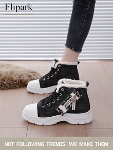 Flipark 1 Par de Botas de Cano Alto com Sola Grossa e Cadarço, Estampa de Onça, Forro Quente, Tamanhos 36-43, Recomenda-se Pedir um Número Acima, Botas de Estilo de Rua para o Inverno - Preto - Visão 3