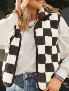Ins Style Checkerboard Fleece Vest For Women, Cropped Sleeveless Jacket, Retro Square Grid Pattern Loose Waistcoat, Autumn/Winter Black - Black - View 4