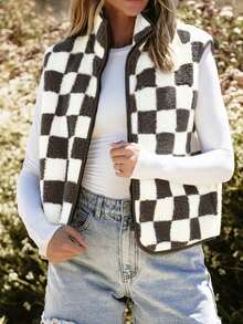 Ins Style Checkerboard Fleece Vest For Women, Cropped Sleeveless Jacket, Retro Square Grid Pattern Loose Waistcoat, Autumn/Winter Black - Black - View 6