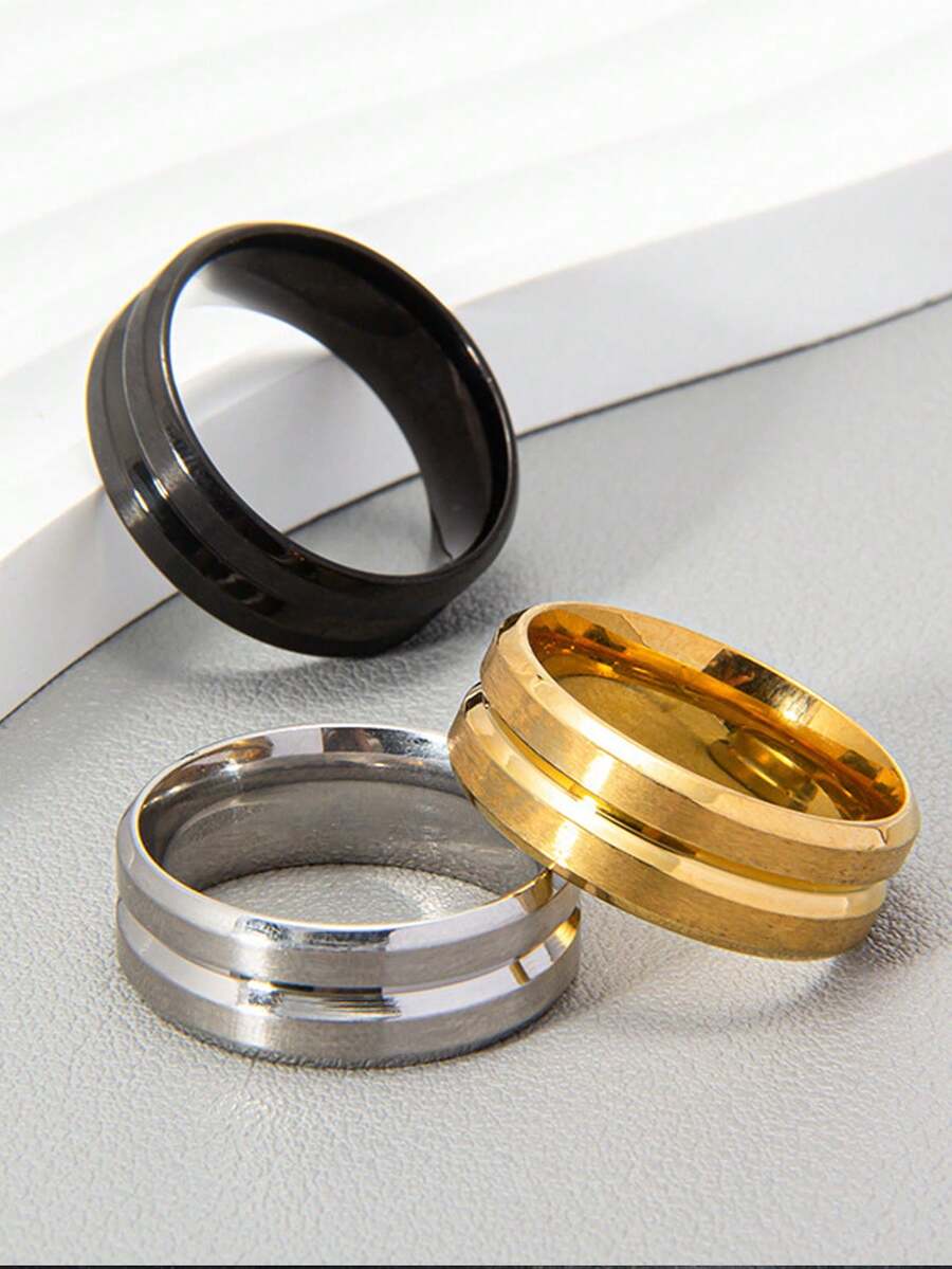 1 件不锈钢 18K 镀金简约复古凹线男士戒指，时尚配饰，感恩节、圣诞节、情人节、节日礼物，日常佩戴