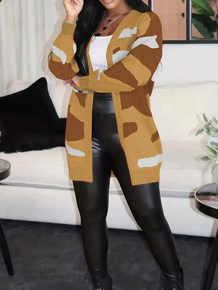 Women's Camo Pattern Long Sleeve Color Block Loose Fit Cardigan, Autumn/Winter Lightweight Knitted Cardigan, Fall - Yellow - View 3