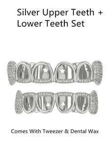 1 szt./2 szt. w stylu hip-hopowym, wydrążone zęby wampira, inkrustowane błyszczącą cyrkonią, platerowane 18-karatowym złotem, akcesoria na Halloween, świąteczne, uliczne, w zestawie pęseta i wosk dentystyczny, wydrążone aparaty ortodontyczne w stylu hip-hopowym, inkrustowane cyrkonią 5A, zęby zombie odgrywają rolę akcesoriów do aparatów ortodontycznych w stylu rap.