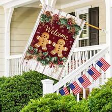 1pc Double-Sided Linen Welcome Gingerbread Couple Christmas Garden Flag - Weather-Resistant Outdoor Holiday Decoration With Festive Gingerbread Men, Red Berries & Golden Accents, No Electricity Needed For Lawn, Yard, Or Porch, Christmas Decorations Outdoor, Yard Decoration, Seasonal Home Accent