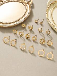 9 对时尚可爱蝴蝶结和仿珍珠金属耳钉套装，适合节日、休闲、度假穿着的多功能礼物 - 金黃色 - 查看 3