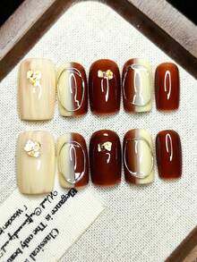 10pcs/Set Handmade Wearable Nail Stickers, Pressure-Sensitive Design, Combination Of Milk Tea And Coffee Colors, Suitable As Gifts, Reusable Handmade Press On Nails - Coffee Brown - View 4