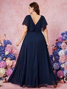 V-Neck Solid Color Chiffon Short Sleeve Elegant Embroidered Waist Bridesmaid Dress