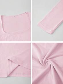 Vaiaye Women's Sexy Fitted Long Sleeve Knit Top, Solid Color Square Neck T-Shirt, Suitable For Valentine's Day Wear - Pink - View 11