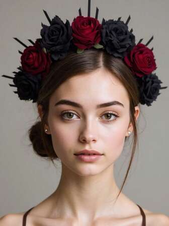女王的黑暗，复古深黑色和勃艮第花朵旭日尖刺光环皇冠，配人造玫瑰，适合万圣节服装、哥特式婚礼、新娘头饰玛丽头饰、角色扮演派对庆典、亡灵节