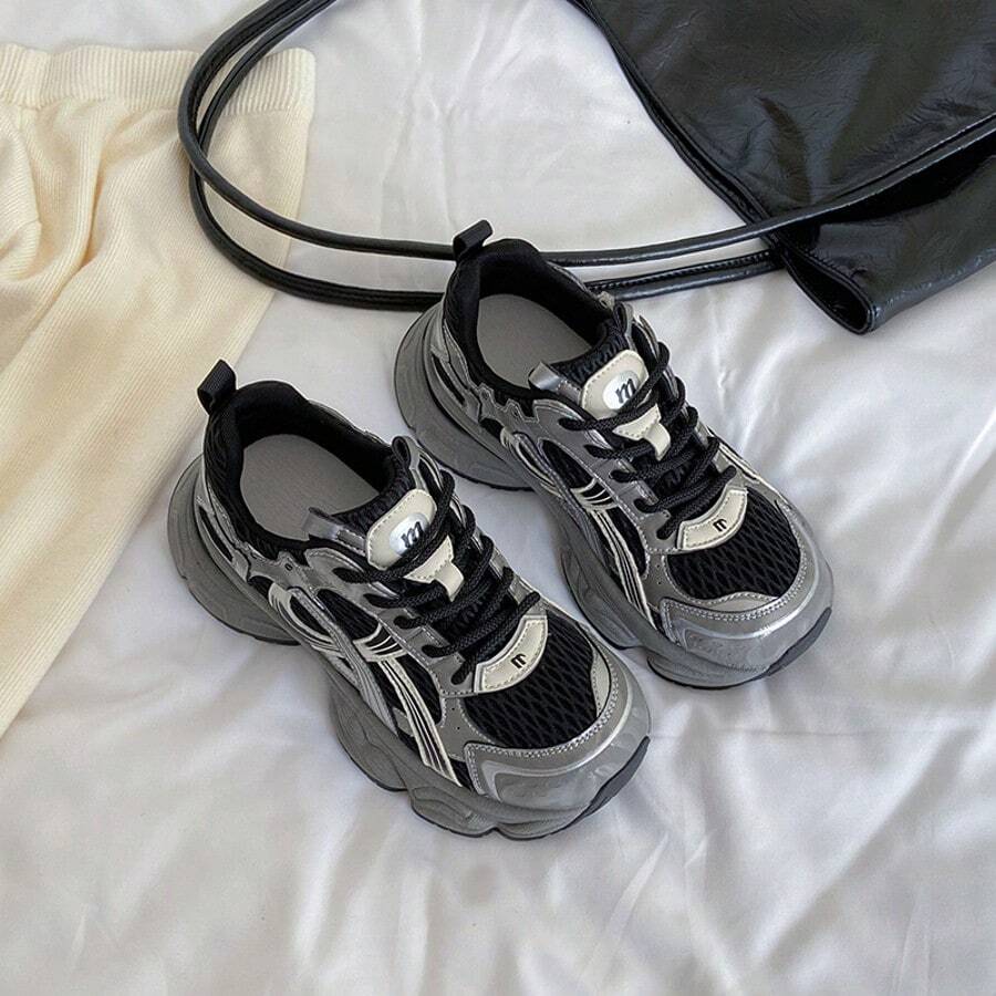 女式黑色厚底运动鞋，2025年春季新款时尚轻便厚底百搭透气网眼休闲运动鞋， - 黑銀色 - 查看 1