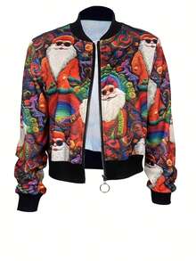 Women's Christmas Santa Claus Print Ribbed Collar Jacket, Lightweight Baseball Jacket For Autumn/Winter