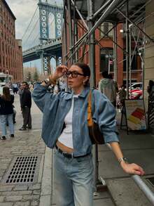 女士常规款仿麂皮长袖单排扣宽松休闲外套，适合春季穿着；女士口袋金属纽扣短款军绿色外套，适合春秋季穿着。 - 藍色 - 查看 4