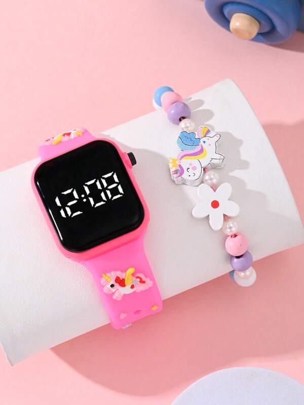2 Pieces Of Girl Unicorn Butterfly Mermaid Fashionable And Versatile Children's Watches. Suitable For Students' Fashionable School Supplies. LED Square-Shaped, Affordable Return-To-School Season Watches. Bracelet Digital Electronic Watch & Beaded Unicorn Butterfly Mermaid Bracelet.
