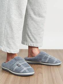 Men's Plaid Pattern Fluffy Warm Non-Slip Memory Foam Slippers, Fashionable Design