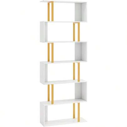 S Shaped Bookshelf 6Tier Geometric Bookcase With Metal Frame Wooden Bookshelves And Bookcases 74.5'' Tall Book Shelf For Bedroom Living Room Home Office Small Spaces 1 6Tier