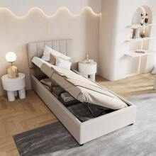 Upholstered Single Bed 90 X 200 Cm, Youth Bed, Bed With Storage Space, Wooden Slatted Base, Headboard With Storage Compartment, Beige Linen Fabric (2 Packs) - Màu be - Xem 4