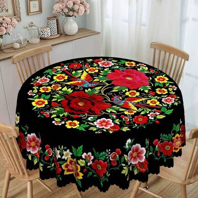 1 pieza Mantel de estilo mexicano con flores vibrantes, con un diseño de flores y hojas vívidas, tela de poliéster duradera para uso en interiores y exteriores, patrón geométrico floral retro, disponible en tamaños redondos y rectangulares, adecuado para fiestas temáticas, decoración del hogar, todas las estaciones