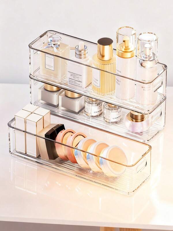 1pc/2pcs Multi-Functional Transparent Desktop Storage Boxes, Cosmetics And Skin Care Products Eye Shadow Lipstick Perfume Nail Polish False Eyelash Storage Baskets, Bedroom Bathroom Dormitory Bedside Cabinet Sorting Sundries Shelves, Autumn And Winter Home Storage Decoration, Christmas Halloween Thanksgiving