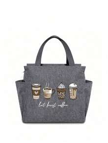 A Thermal Lunch Bag With Four Cups Of Black Coffee And A Heart, Leopard Print Pattern Printed On It,Insulated Bag With The "Lut Furst Caffee" Pattern Paired With A Black Cutlery Storage Bag