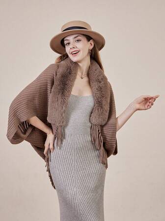 1 件女士新款纯色披肩，时尚百搭简约小众冬季保暖针织围巾