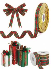Nastro scozzese a quadri natalizio da 25 iarde per rotolo, con bordo dorato, per artigianato natalizio, confezione regalo, decorazione albero di Natale, bouquet natalizi, decorazione torte, decorazioni natalizie, decorazioni invernali per la casa, regali di Natale, decorazioni natalizie