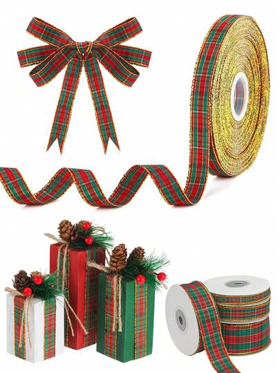 Christmas Checkered Plaid Ribbon 25 Yard Each Roll Gold Edge Gingham Ribbon For Christmas Crafts, Gift Wrapping, Christmas Tree Decor, Holiday Bouquets Cake Decoration Christmas Decorations Winter Room Decor Christmas Decorations Home Christmas Gifts Christmas Decor