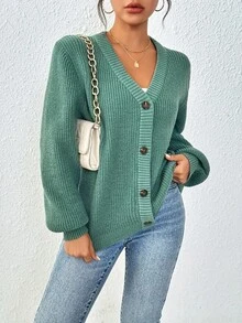 New Elegant Women's Solid-Color Front-Buttoned Knitted Cardigan Jacket For Work, Commuting And Dates - Green - View 6