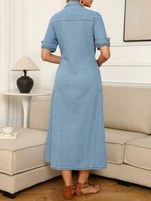 Women's Denim Shirt Dress - Long Vintage Wash Button Front Dress With Utility Pocket For Casual Style - Medium Wash - View 2