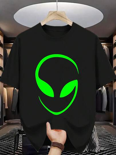 Men's Casual Graphic T-Shirt With Neon Green Alien Print - Lightweight Polyester, Round Neck, Summer Style, Machine Washable, Summer Tshirt |   Unique Fashion |   Nontransparent Fabric